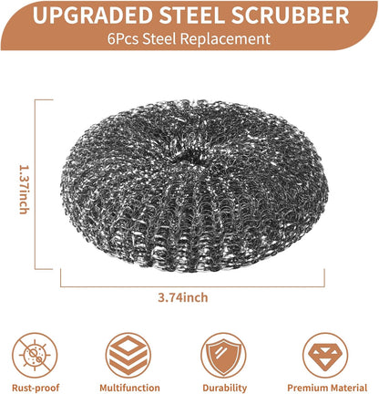 6PCS Steel Wool Scrubber Sponge Set, Barbecue Grill Cleaning Scrubber Pads | Stainless Steel Scrubber Replacement for Scouring Messes from Cast Iron, Pots, Pans, Grill, Stoves, Sink (6 Pads)