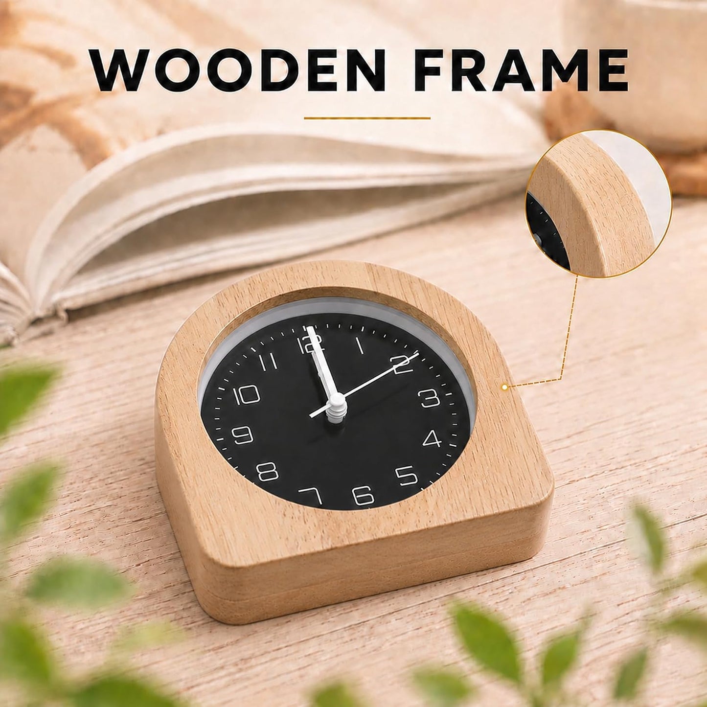 Analog Alarm Clock 5" Silent Non-Ticking Small Solid Wood Desk Clocks Battery Operated Simple Style Retro Table Clock for Office/Bedroom/Kitchen/School/Bedside/Shelf (Light Wood, Arch)