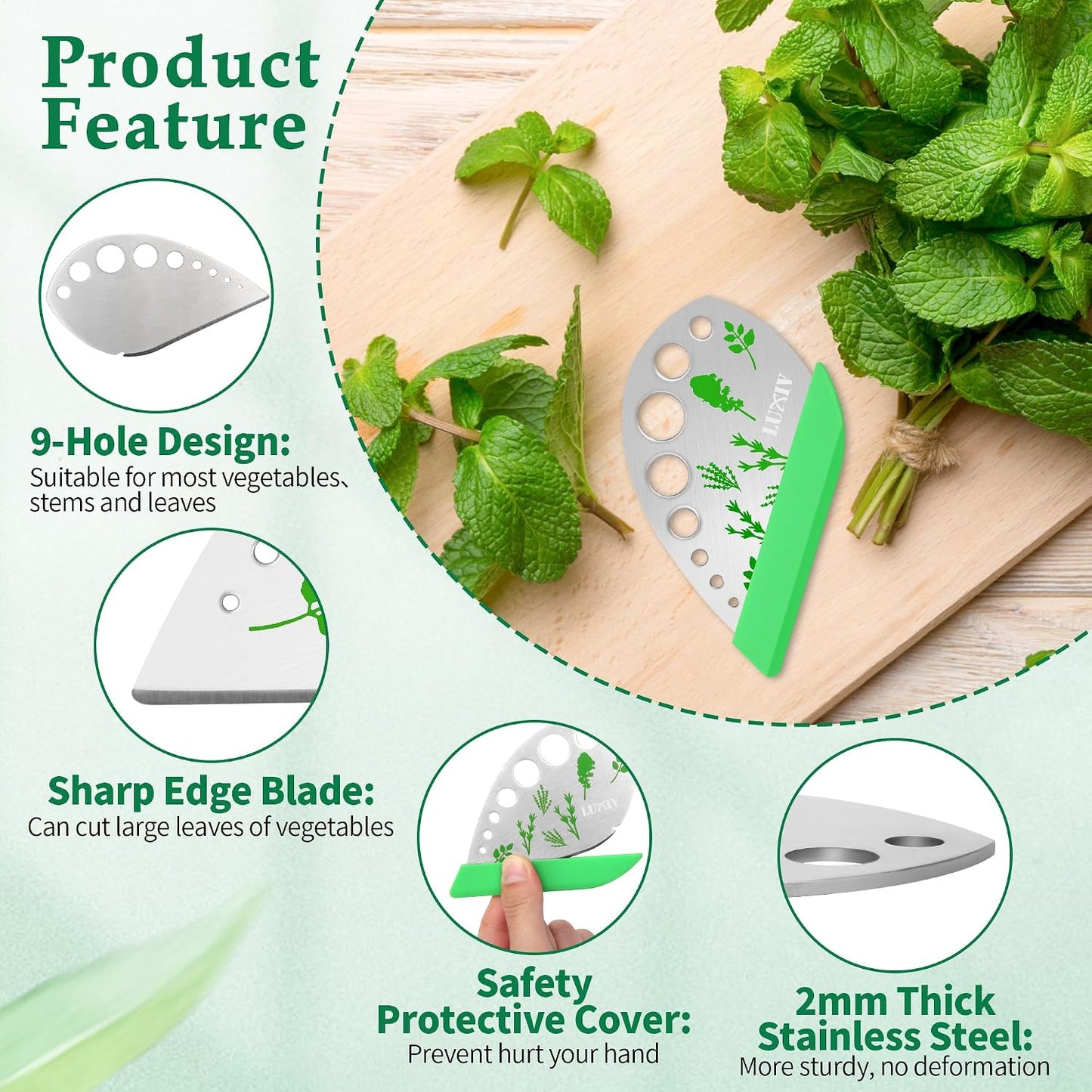 Herb Stripper Tool Stainless Steel 9-Hole Leaf Peeler with Knife | 2in1 Cutting and Stripping, 9-Hole Stainless Steel Tool With Cover, For Stripping Kale, Chard, Basil, Thyme & Rosemary Leaves