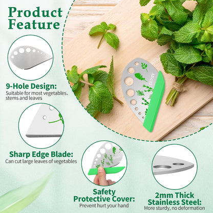 Herb Stripper Tool Stainless Steel 9-Hole Leaf Peeler with Knife | 2in1 Cutting and Stripping, 9-Hole Stainless Steel Tool With Cover, For Stripping Kale, Chard, Basil, Thyme & Rosemary Leaves