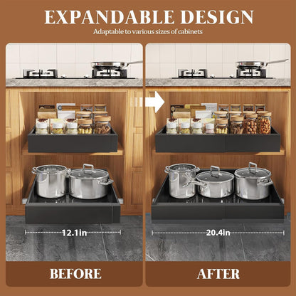Seinloes 4 Pack Expandable Pull Out Cabinet Organizer 21"Deep With Raising Pad for Framed Cabinets,Upgrade 3 Slide Rails Slide Out Drawers,No Drill Roll Out Shelves,Adjustable Width 12.1"-20.4" White