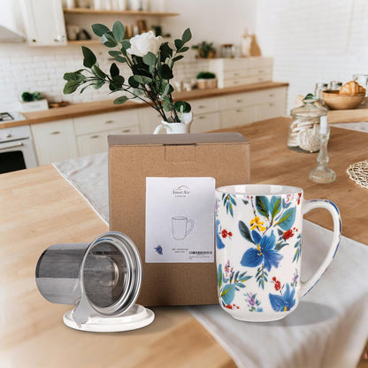 AmorArc Tea Cup With Infuser and Lid, 18oz Loose Leaf Tea Mug With Steeper | Porcelain Tea Mug With Infuser and Lid, Large Strainer Tea Cup with Lid for Tea, Coffee Mug for House-warming Birthday Gift