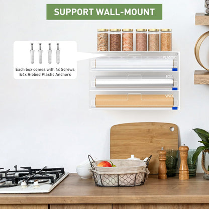 3 in 1 Clear Acrylic Foil, Plastic Wrap Organizer with Cutter | Kitchen Storage, Aluminum Foil Dispenser, Wax Paper Holder, For Drawer or Wall Mount, Fits 12 Inch Roll