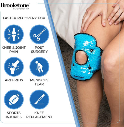 Brookstone Knee Ice Pack Wrap with Silica Beads - Hot & Cold Therapy for Pain Relief - Reusable Ice Packs for Knees for Swelling, Injuries & Post-Surgery Recovery, Ideal Mothers Day Gift, Azure Blue