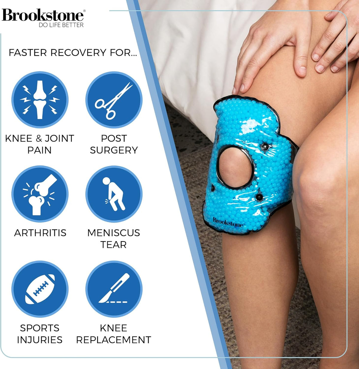 Brookstone Knee Ice Pack Wrap with Silica Beads - Hot & Cold Therapy for Pain Relief - Reusable Ice Packs for Knees for Swelling, Injuries & Post-Surgery Recovery, Ideal Mothers Day Gift, Azure Blue