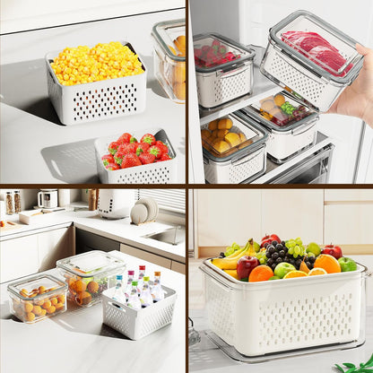 Dayacoco Fruit Storage Containers for Fridge 4 Pcs with Drain Basket | Fridge organizers & storage - 4 fruit containers w/ drain baskets, BPA-free PP, leak-proof seal, stackable, DW/MW safe.