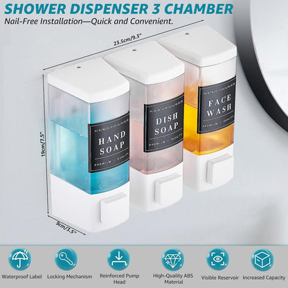 Shampoo and Conditioner Dispenser for Shower, 3 Chamber, Black | Wall Mounted, No Drill, 3×16.9oz, ABS Plastic Material, Refillable With Labels, For Bathroom Hotel