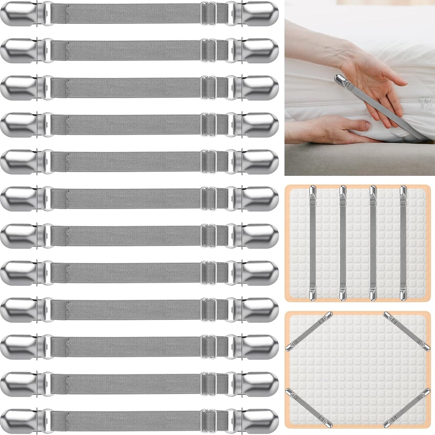 Boao 12 Pcs Bed Sheet Clips Straps Sheet Corner Straps Holder Adjustable Mattress Clips, Elastic Bed Grippers Suspender Fasteners Holder for Home(White,4-8 Inch Length)