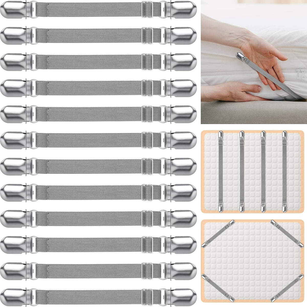 Boao 12 Pcs Bedsheet Strap Elastic Clip, White, 4-8 Inch Length