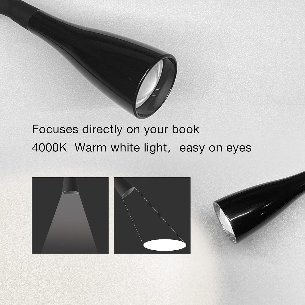 Wall Mount Reading Light, Focused Book Light for Reading in Bed, 5 Dimming, USB Output, 4 Hours Auto Off, Touch Control, Flexible Gooseneck Headboard Reading Lamp, Easy to Install White