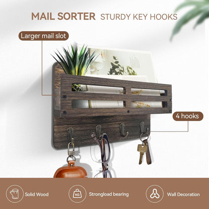 Key Holder Wall Mount, 10 inch Decorative Key and Mail Holder for Wall, with Mail Organizer & 4 Key Hooks, Rustic Wooden Key Rack for Hanging Dog Leash Sunglasses, Entryway Key Hanger, Black