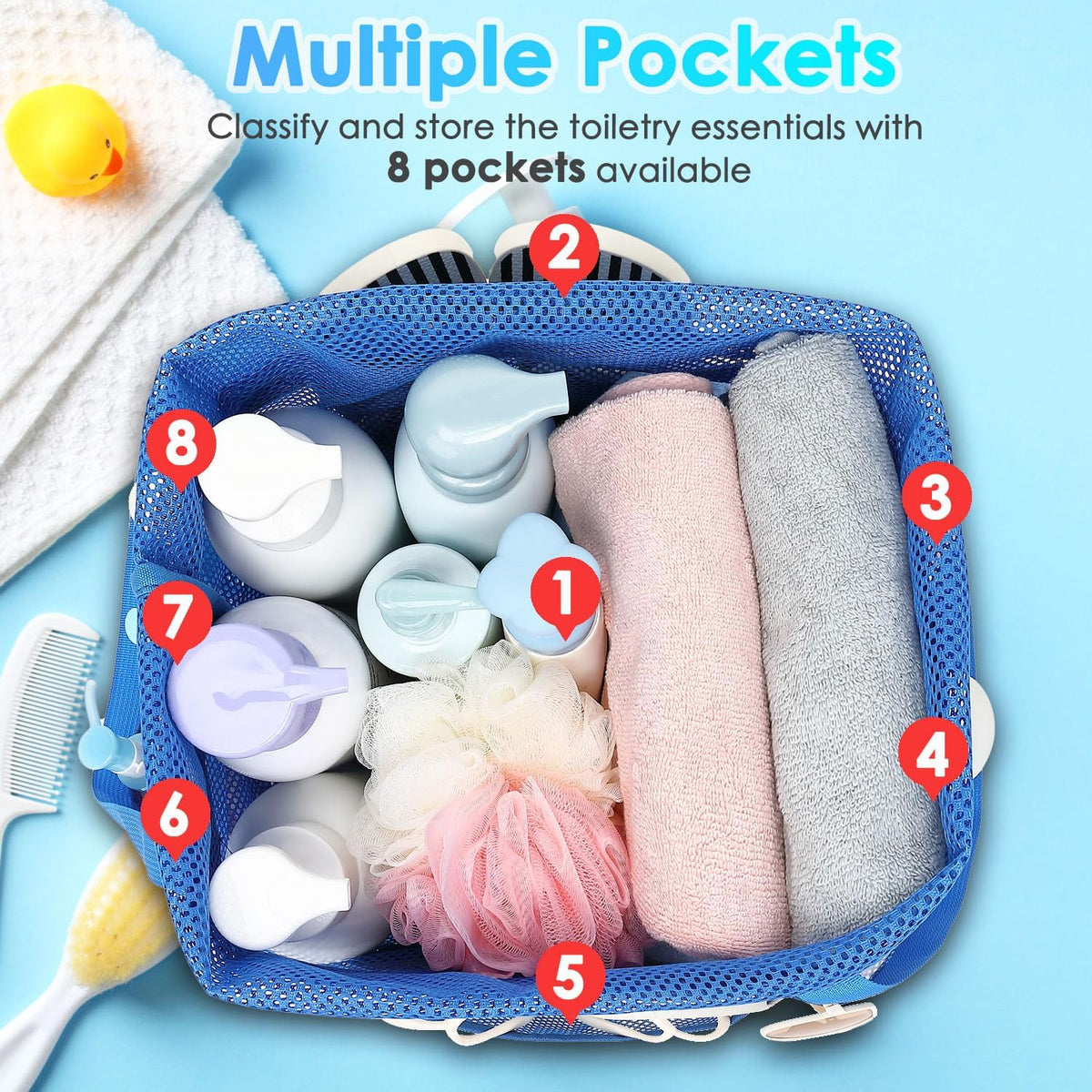 Fammart Mesh Shower Caddy Portable with Drawstring, Dorm Room Essentials for College Girls Guys, 8-Pocket Extra Large Shower Bag Basket Tote for Camping Beach Gym Travel Toiletry Bathroom