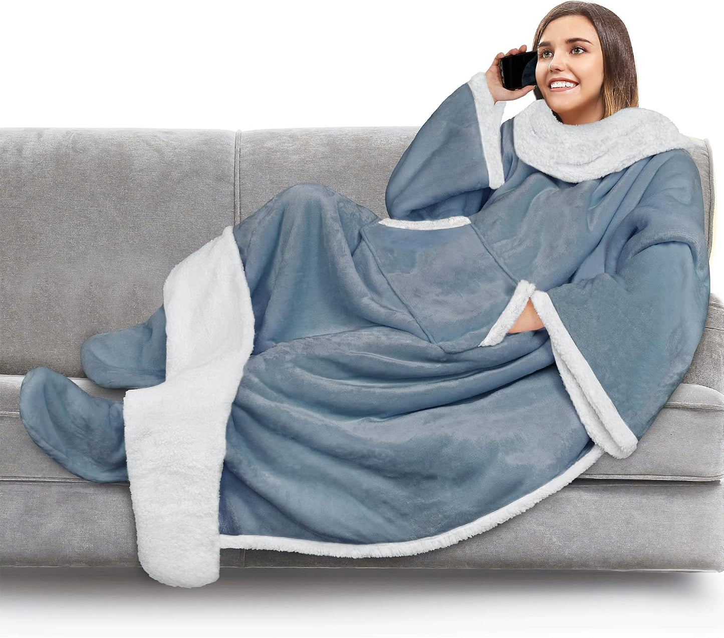 PAVILIA Fleece Blanket with Sleeves, Foot Pockets for Women Men Adults, Plush Wearable Blanket Throw Wrap, Warm Snuggle Blanket Robe, Cozy Gift Ideas Wife Mom, Dark Purple