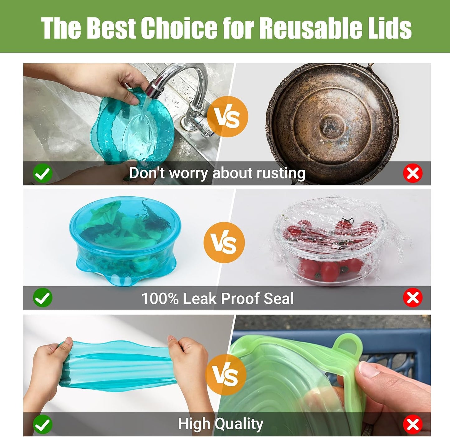 Silicone Stretch Lids for Food Storage in Fridge, Reusable Elastic Bowl Covers for Cup, Cans, Jars, Round & Rectangle Container, Food Grade Silicone Microwave Food Cover, Heat-Resistant, 6PCS