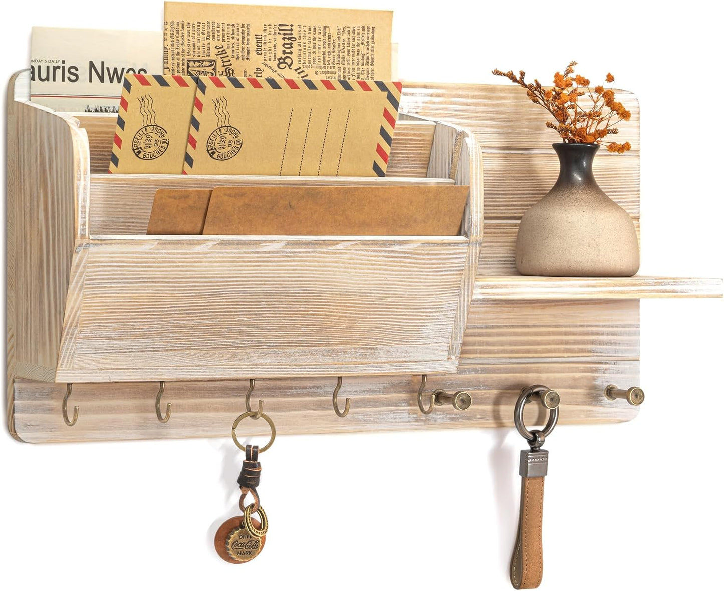 Rebee Vision Pine Wood Key Holder Wall Mount with Mail Sorter, Light Brown | Display Shelf, 8 Key Hooks, 3 Mail Sorters, Mail Organizer for Letters, Papers, Key Holder for Wall, Keep Entryways Tidy