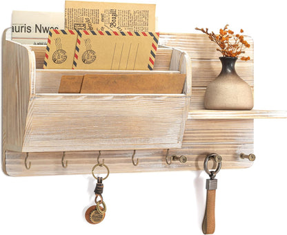 Rebee Vision Pine Wood Key Holder Wall Mount with Mail Sorter, Light Brown | Display Shelf, 8 Key Hooks, 3 Mail Sorters, Mail Organizer for Letters, Papers, Key Holder for Wall, Keep Entryways Tidy