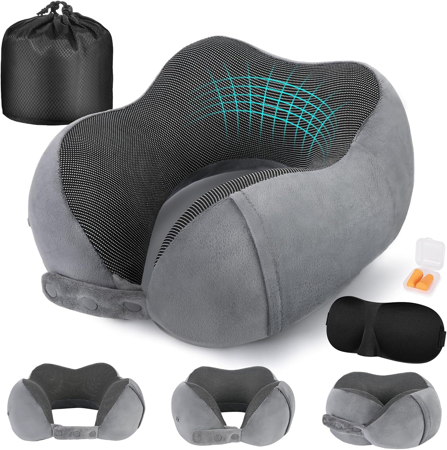 Cirorld Neck Pillow for Traveling, Travel Pillows for Airplanes,100% Pure Memory Foam Travel Neck Pillow, Adjustable Flight Pillow, Portable Plane Accessories with Eye Mask, Earplugs, Carry Bag