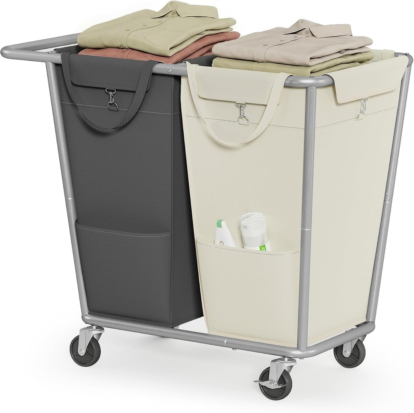 SONGMICS Laundry Basket with Wheels, 3-Section Laundry Sorter, 76.6 Gallons (290 L) Rolling Hamper with Removable Bags, Heavy-Duty Steel Frame, Cream White, Dark Gray and Ink Black URLS010X01