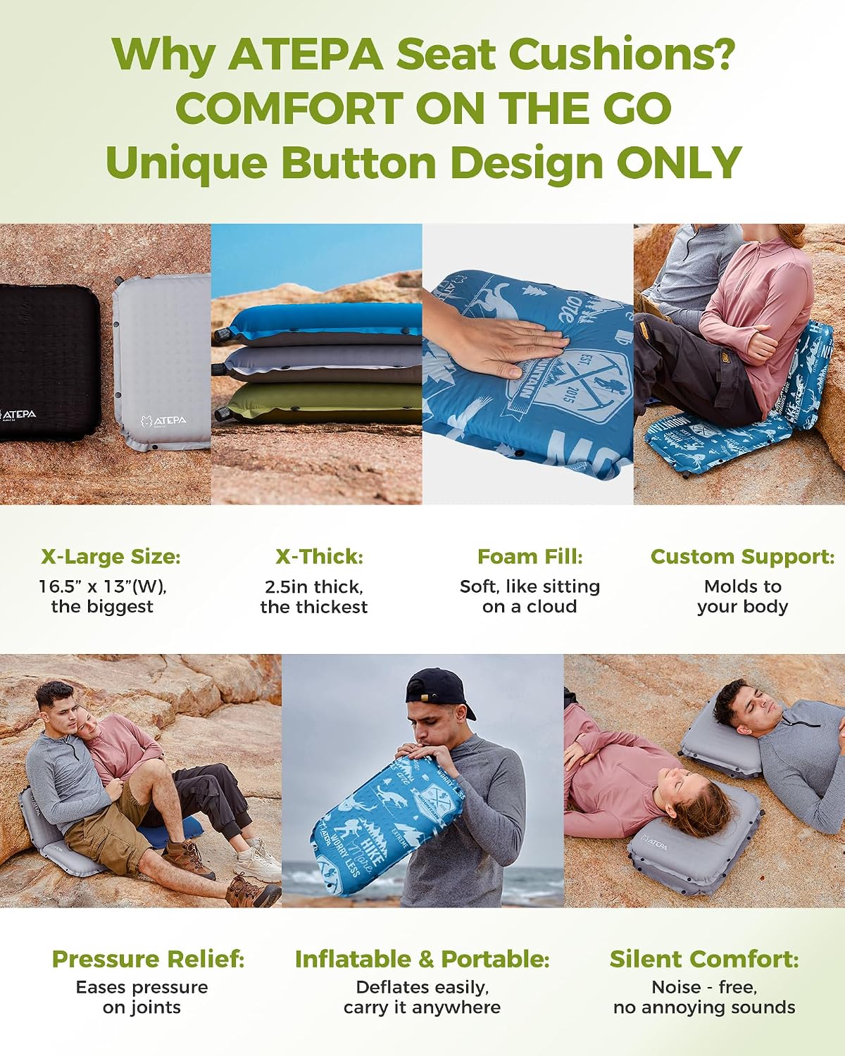 ATEPA Inflatable Seat Cushion | 2" & 2.5" foam core seat pad, Self inflating, Compact, Stadium, Airplane, Travel, Camping, Hiking, Sports events