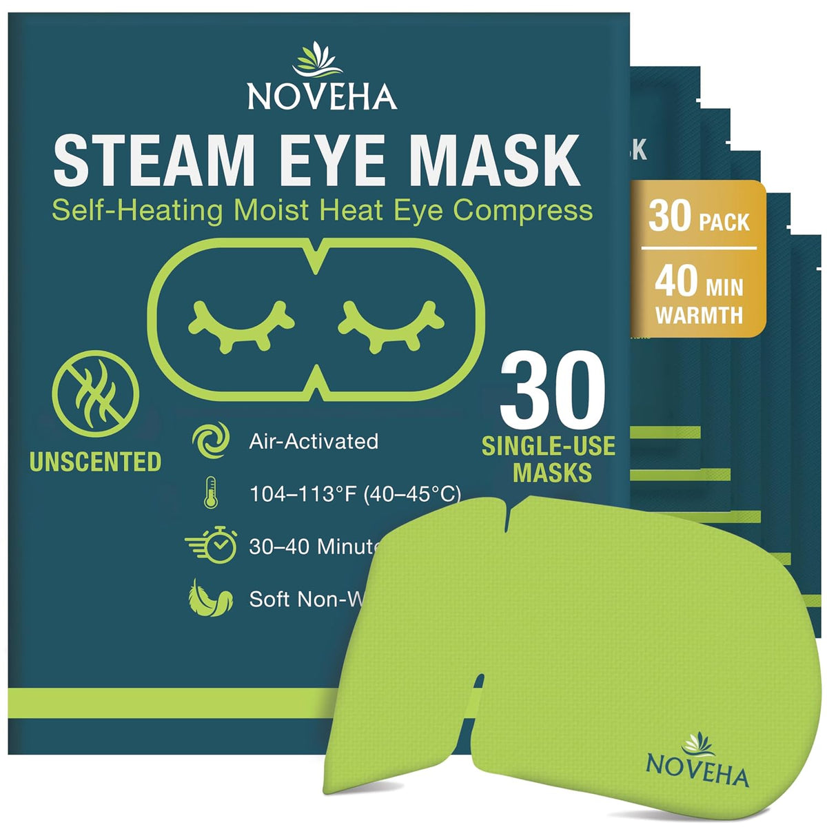 NOVEHA Lavender Self Heating Steam Eye Mask for Dry Eyes 30PCs Air-Activated Steam Eye Mask Warm Compress for Ease Daily Strain, Eye Relaxation, Travel & Spa Use, Soothing Moist Heat for Stressed Eyes