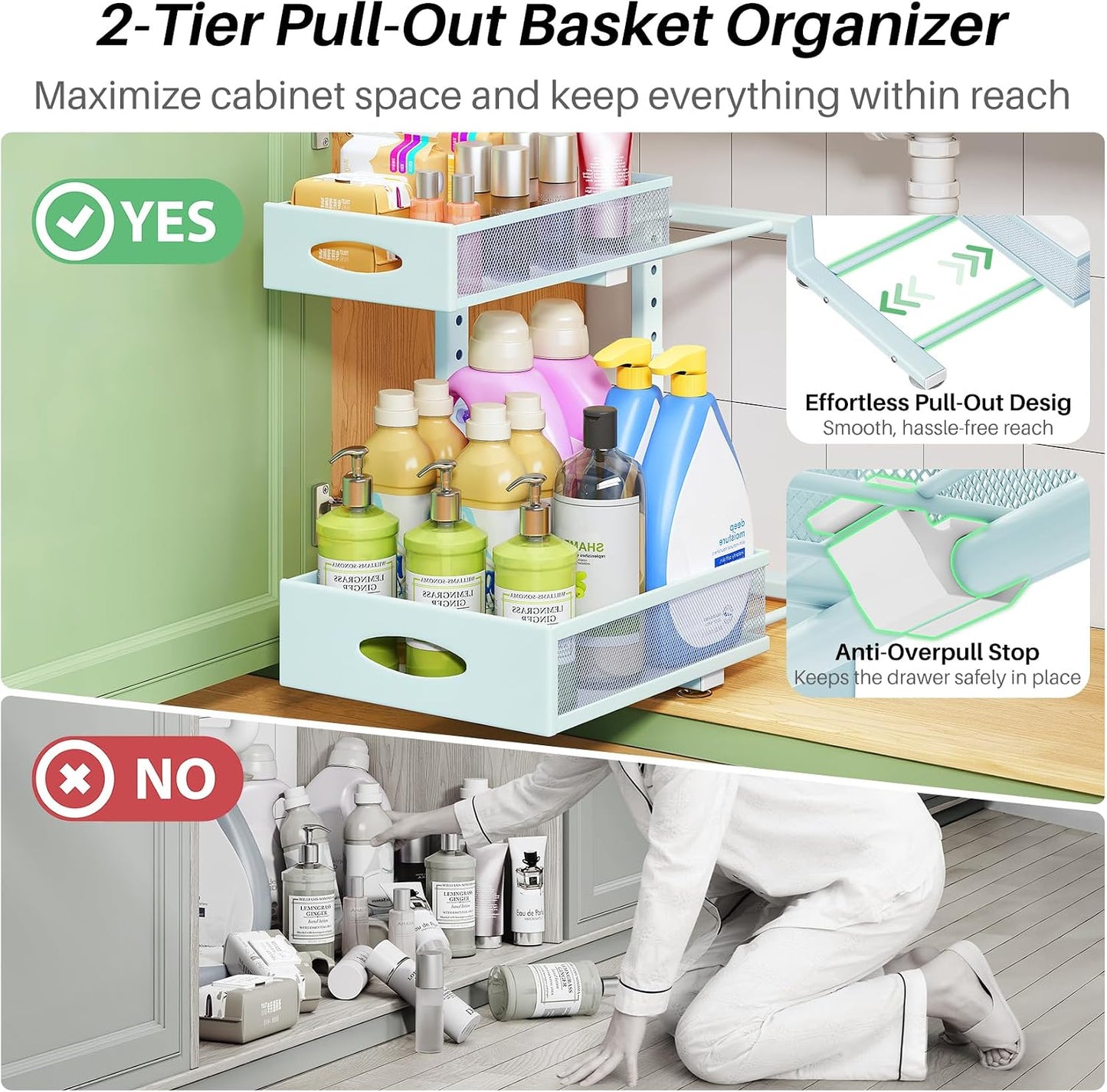 Under Sink Organizer, 2-Pack Pull Out Cabinet Organizer 2 Tier Metal Slide Out Storage Shelf Rack, L-Shaped Adjustable Height,Mesh Sliding Drawer for Kitchen, Bathroom, Laundry, Pantry, White, XL