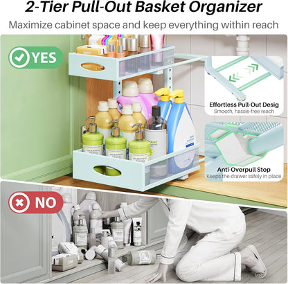 Under Sink Organizer, 2-Pack Pull Out Cabinet Organizer 2 Tier Metal Slide Out Storage Shelf Rack, L-Shaped Adjustable Height,Mesh Sliding Drawer for Kitchen, Bathroom, Laundry, Pantry, White, XL