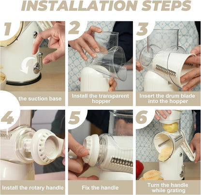 Rotary Cheese Grater Manual Hand Crank with 5 Blades & Suction Base, Kitchen Vegetable Shredder Slicer for Veggie, Nuts, Fruit, Cream