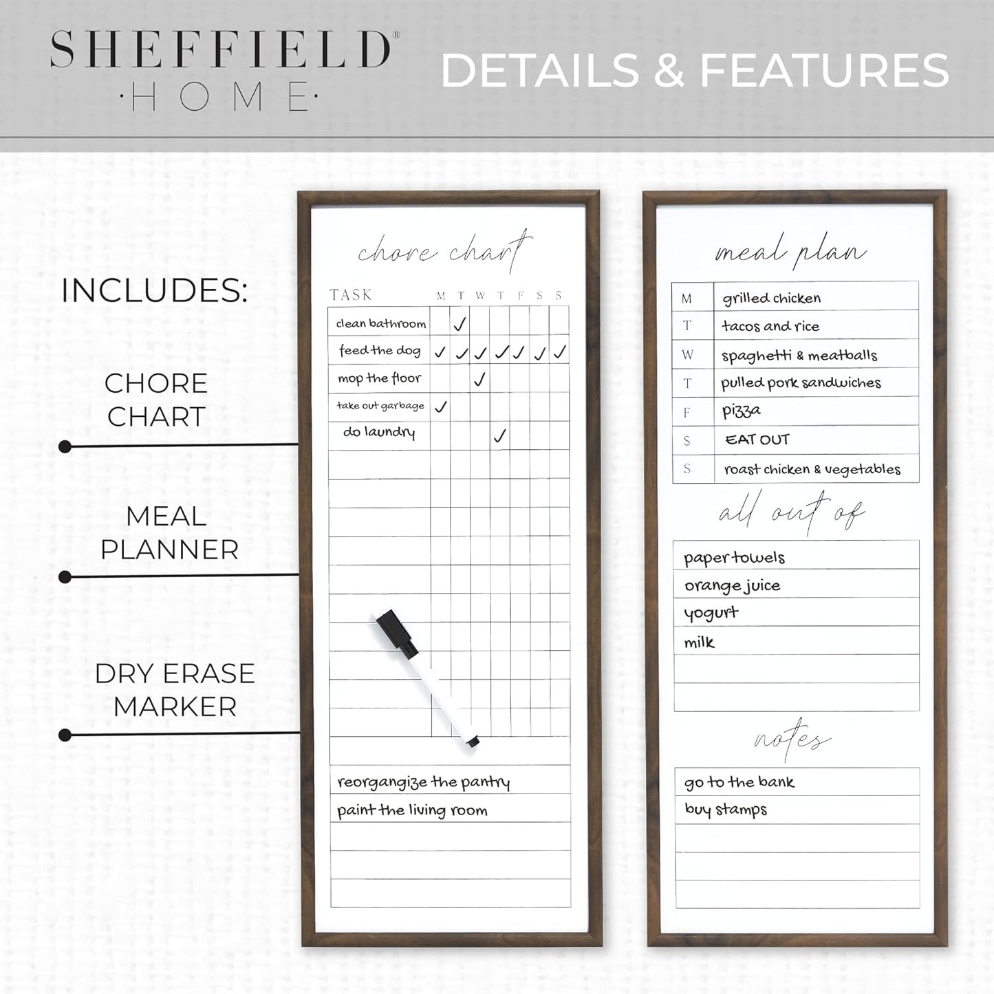 Sheffield Home Set of Two Family Planner Dry Erase Boards Featuring, Chore Chart, Shopping List, Weekly Meal Planner and Notes, 9x21 Inch, Natural