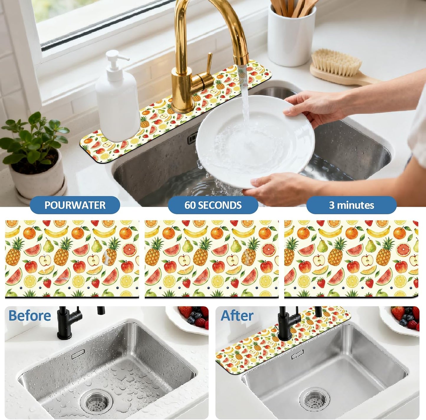 2Pcs Peonies Kitchen Sink Splash Guard Faucet Mat Vintage Florals Faucet Mat For Bathroom Kitchen 5.5x23.6In