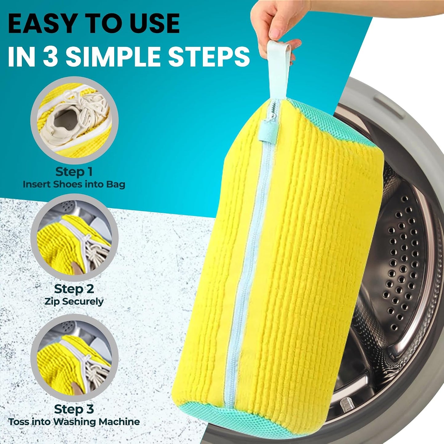 Premium Shoe Washing Machine bag 2 Pack – 360° Self-Locking Zipper Reusable Sneaker Laundry Set – Heavy-Duty Microfiber Shoe Washing Bag for Washer & Dryer, Boots & Athletic Footwear (Yellow)