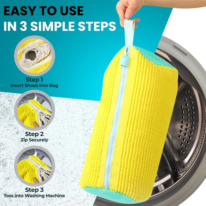 Premium Shoe Washing Machine bag 2 Pack – 360° Self-Locking Zipper Reusable Sneaker Laundry Set – Heavy-Duty Microfiber Shoe Washing Bag for Washer & Dryer, Boots & Athletic Footwear (Yellow)