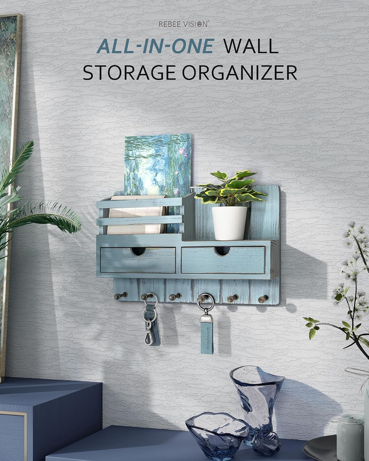 Rebee Vision Key Holder Wall Mount with Shelf for Entryway, Distressed Blue | Modern Mail Organizer, 6 Key Hooks, 2 Drawer Organizer, Key Hanger Home Decor Aesthetic, Apartment Storage Essentials