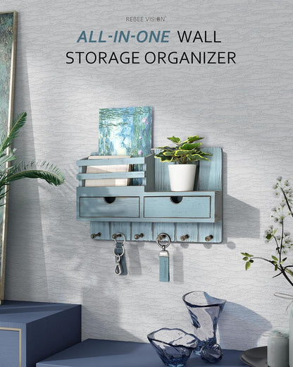 Rebee Vision Key Holder Wall Mount with Shelf for Entryway, Distressed Blue | Modern Mail Organizer, 6 Key Hooks, 2 Drawer Organizer, Key Hanger Home Decor Aesthetic, Apartment Storage Essentials