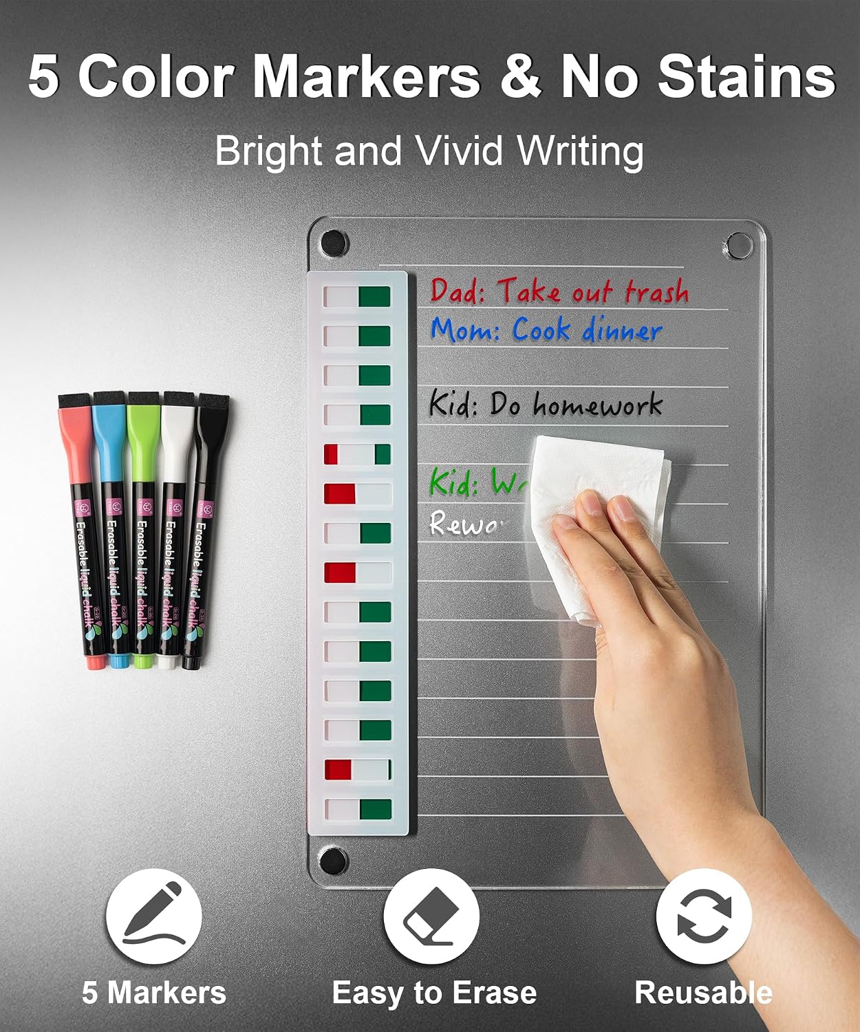 Magnetic Acrylic Dry Erase Board for Fridge, to Do List White Board with Sliding Buttons, 12"X10" Clear Chore Chart for Adults, Reusable Refrigerator Whiteboard Includes 5 Markers