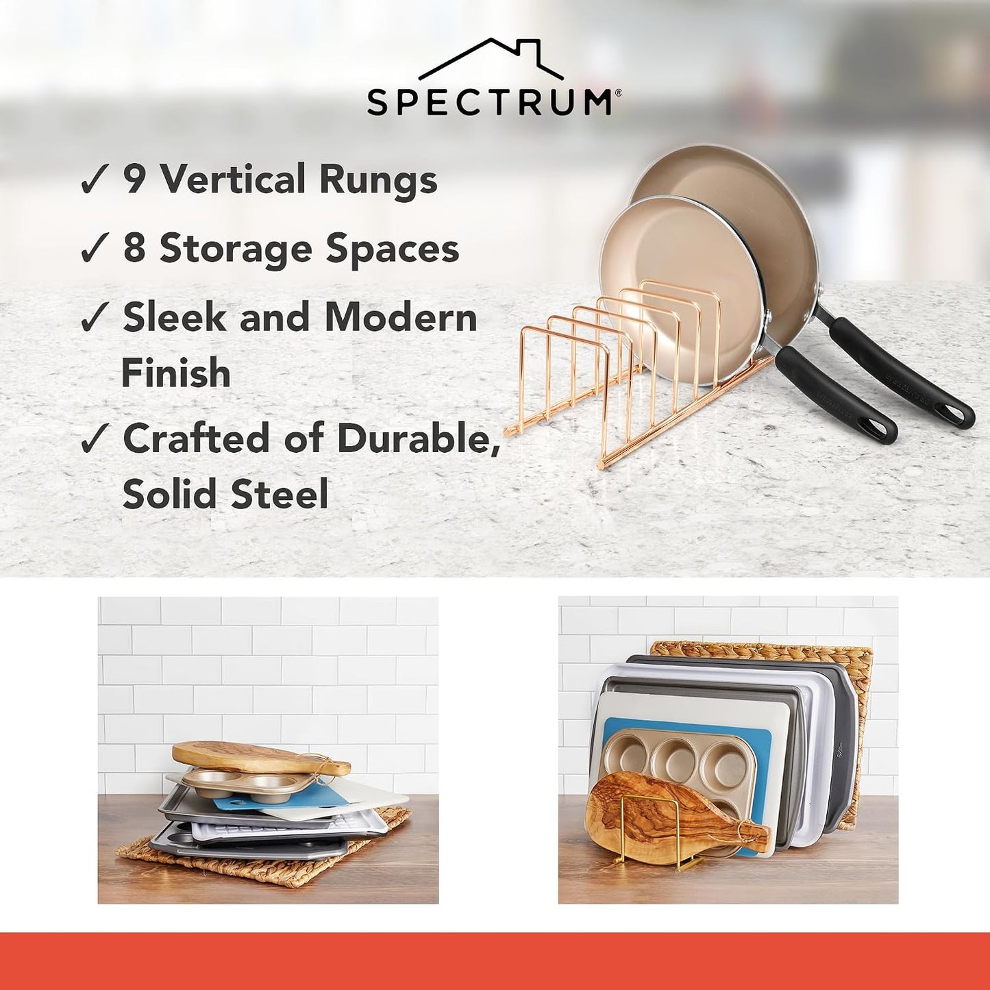 Spectrum Euro Kitchen Organizer Metal Dish Rack Cutting Board Holder Stand for Countertop or Inside Cabinet Organization, 8 Slot Cutting Board Plate Drying Rack for Bakeware Storage, Satin Nickel
