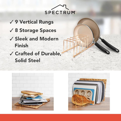 Spectrum Euro Kitchen Organizer Metal Dish Rack Cutting Board Holder Stand for Countertop or Inside Cabinet Organization, 8 Slot Cutting Board Plate Drying Rack for Bakeware Storage, Satin Nickel