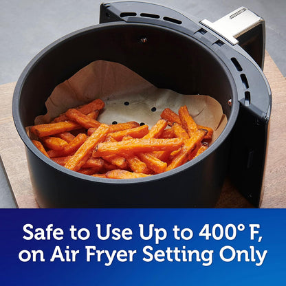Reynolds Kitchens Air Fryer Liners Disposable, Unbleached Parchment Paper Sheets, 50 Count | Pre-Cut Disposable Parchment Paper Sheets, Fits Round and Square Air Fryers, Safe Up To 400F, Perforated For Better Airflow
