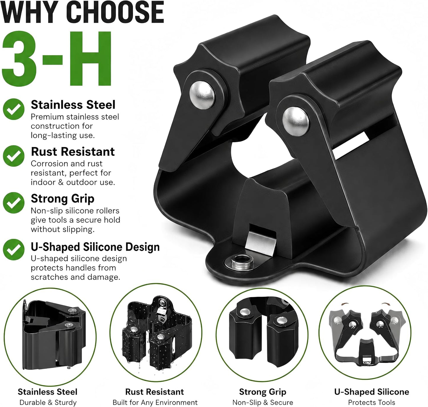 3-H Broom Holder Wall Mount 12 Pack, Heavy Duty Stainless Steel Mop and Broom Organizer Clips, Strong Grip Wall Mount Holders for Garage, Garden, Laundry Room & Utility Closet, Black
