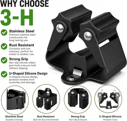 3-H Broom Holder Wall Mount 12 Pack, Heavy Duty Stainless Steel Mop and Broom Organizer Clips, Strong Grip Wall Mount Holders for Garage, Garden, Laundry Room & Utility Closet, Black