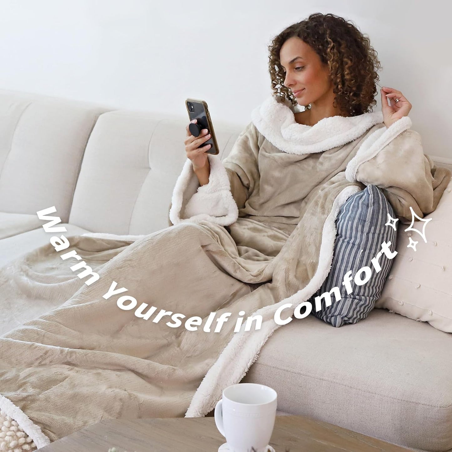 Catalonia Sherpa Wearable Blanket with Sleeves and Pocket for Adults | Dual-Layer Blanket Wrap for Extra Warmth, Reading, Watching TV and Relaxing, Christmas and Birthday Gift for Women and Men