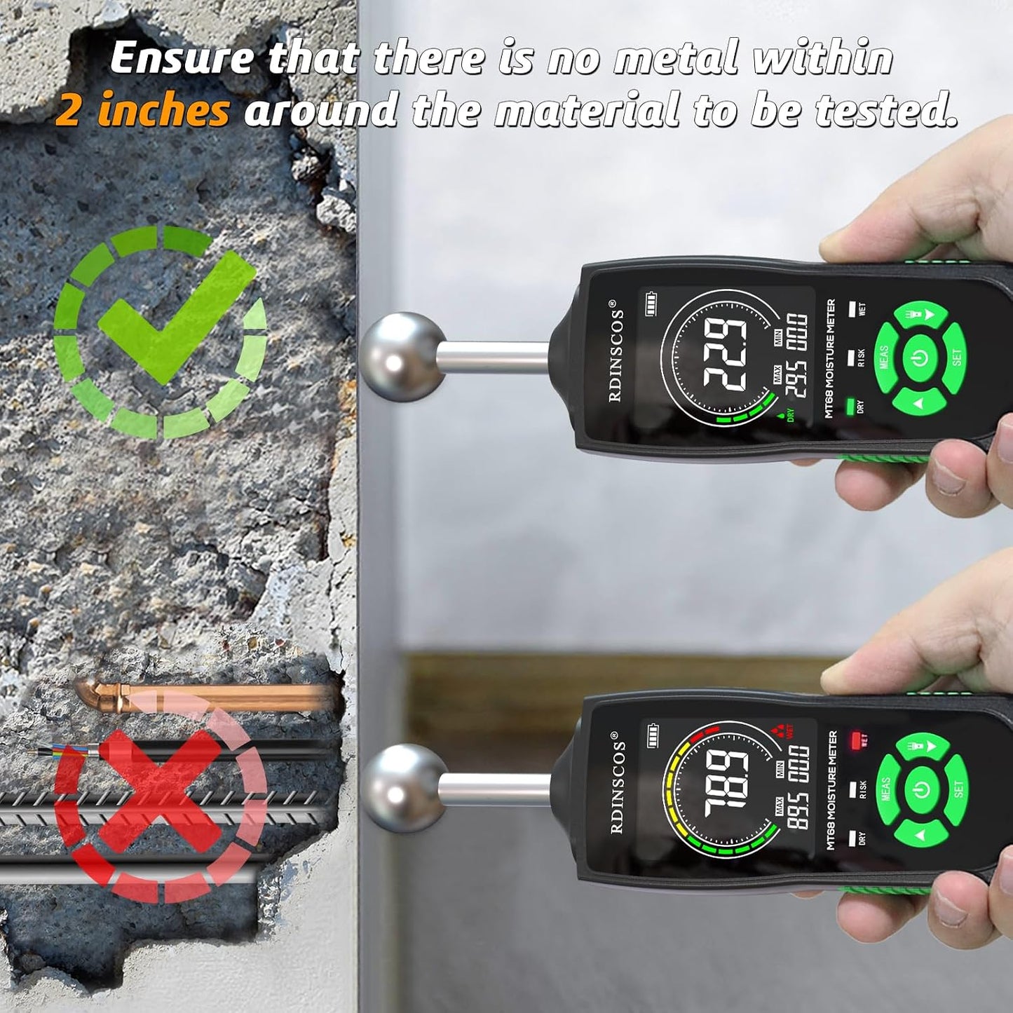 RDINSCOS Pinless Moisture Meter for Wood & Wall | Digital Moisture Detector, Flooding Detection, High Humidity Detection, For Walls, Floor, Masonry