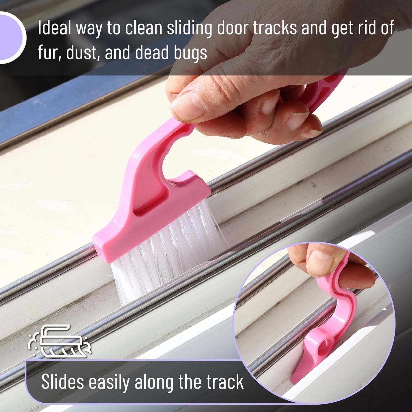 Slick- Window Track Cleaning Brush, 2 Pack, Yellow/Purple Ergonomic Handle, Built-in Scraper, Multipurpose, Window Track Cleaning Tools