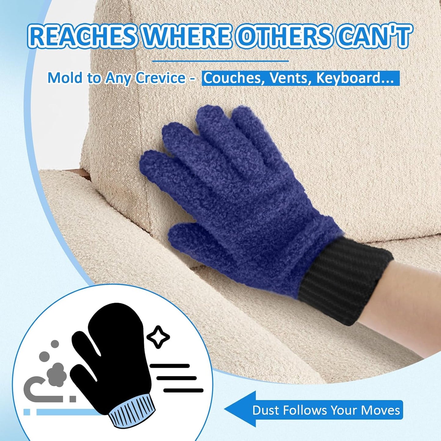 MIG4U Microfiber Dusting Gloves House Cleaning Glove for Blinds, Windows, Shutters, Furniture, and Car, Reusable Lint-Free Blue 1 Pair S/M