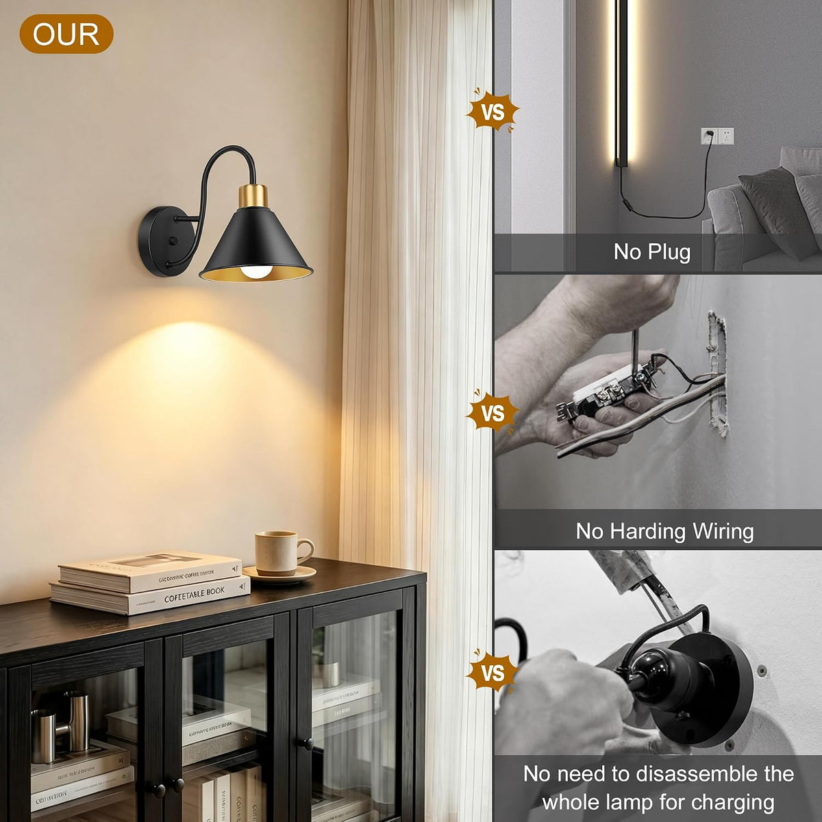 Frideko Rechargeable Wall Sconces Set of Two with Remote, RGB 15 Colors Dimmable Battery Operated Wall Lights for Living Room Bedroom, Indoor Black Wall Lamp with Timer Wireless
