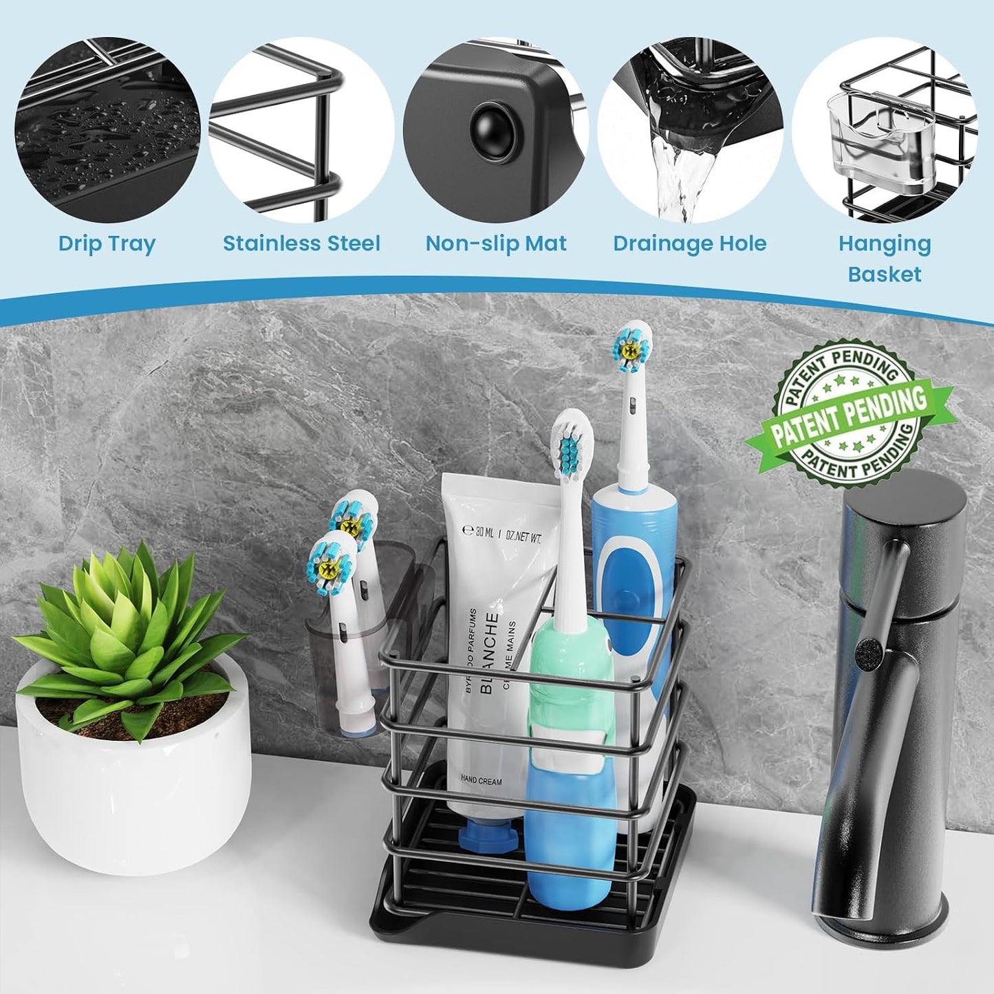 Toothbrush Holders for Bathroom,Black,Stainless Steel,Detachable,Tray,3 Slot