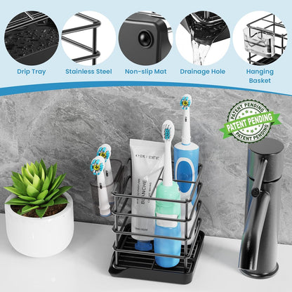 Toothbrush Holders for Bathroom,Black,Stainless Steel,Detachable,Tray,3 Slot