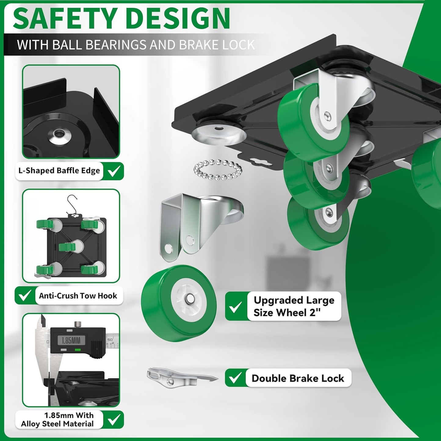 Heavy Duty Furniture Dolly 360 Rotate 5 Wheels 3000 Lbs Capacity 5.3x5.3 in | Furniture Movers with Green Wheels, Measure Tape & Leveler, Alloy Steel Furniture Lifter Tool for Smooth Home & Office Uses