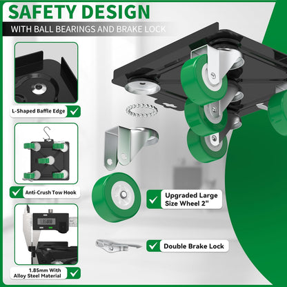 Heavy Duty Furniture Dolly 360 Rotate 5 Wheels 3000 Lbs Capacity 5.3x5.3 in | Furniture Movers with Green Wheels, Measure Tape & Leveler, Alloy Steel Furniture Lifter Tool for Smooth Home & Office Uses