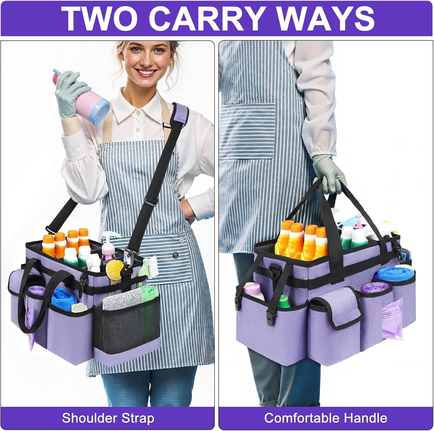 Cleaning Caddy Bag,Large Cleaning Supplies Organizer with Handle for Housekeepers,Purple