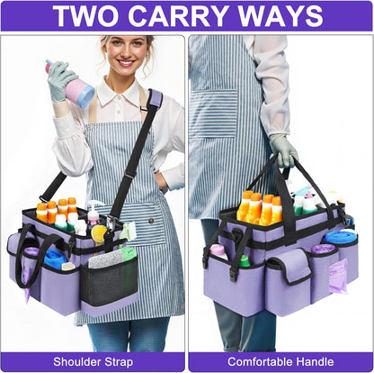 Cleaning Caddy Bag,Large Cleaning Supplies Organizer with Handle for Housekeepers,Purple